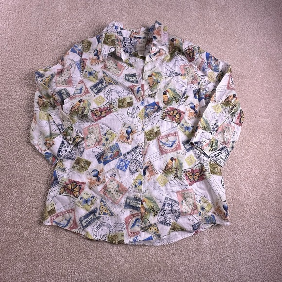 Chico's Tops - Chico's Linen Tunic Blouse Travel Stamp Pattern 100% Linen Button Size 0